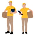 Set of hand-drawn warehouse workers holding boxes with a clipboard. Delivery man and woman