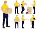 Set of hand-drawn warehouse workers with the package. Delivery guy is holding a cardboard box worker in different poses Royalty Free Stock Photo