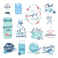 Set of hand drawn watercolor badges and stickers of seafood