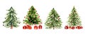 Set of hand drawn watercolor Christmas trees decorated with red gift boxes and balls. Royalty Free Stock Photo