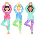 Set of hand drawn watercolor collages of girls with dark and blond hair and different skin tones, making yoga pose.