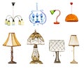 Set of hand drawn watercolor decorative lamps and lampshades