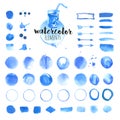 Set of hand drawn watercolor elements, brushes, splash, frames, stains, ribbons, pattern and background