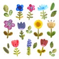 Set of hand-drawn watercolor of flowers in a Scandinavian style