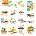 Set of hand drawn watercolor labels and signs of orange juice and smoothies