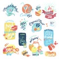 Set of hand drawn watercolor labels and stickers of seafood