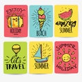 Set of hand drawn watercolor ribbons and stickers of summer. Vector illustrations for summer holiday Royalty Free Stock Photo