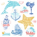 Set of hand drawn watercolor ribbons and stickers of summer. Vector illustrations for summer holiday Royalty Free Stock Photo