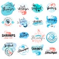 Set of hand drawn watercolor signs of seafood