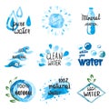 Set of hand drawn watercolor symbols and signs of pure water