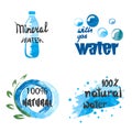 Set of hand drawn watercolor symbols and signs of pure water