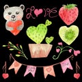 Set of hand-drawn watercolor Valentines icons with watercolor on a white background, bear with a heart, cactus with green leaves i