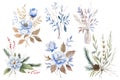 Set Of Hand Drawn Watercolor Winter Bouquets Of Blue Flowers