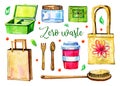 Set of hand drawn watercolor zero waste objects