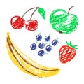 Set of hand drawn wax crayon fun color juicy fruits.