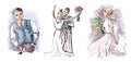 A set of hand-drawn wedding illustrations. Watercolor illustrations of the bride and groom