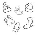 Set of hand drawn winter clothes and accessories hat, mittens, socks, santa claus hat Royalty Free Stock Photo