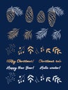 Set of hand drawn winter elements. Pine, cedar cones, twigs, flowers and leaves Royalty Free Stock Photo