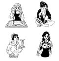 Set of hand drawn witches. Collection of black and white outline images of young magical females. Ouija board and pendulum Royalty Free Stock Photo