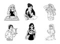 Set of hand drawn witches ladies. Collection of black and white outline images of young magical females. Ouija board and pendulum Royalty Free Stock Photo