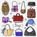 Set of hand drawn women accessories. Bags Royalty Free Stock Photo