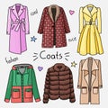 Set of hand drawn women clothes. Coats Royalty Free Stock Photo