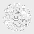 Set of hand drawn women`s things clothes, underwear, accessories, flowers, hearts and stars in doodle style.