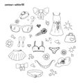 Set of hand drawn women`s things clothes, underwear, accessories, flowers, hearts and stars in doodle style. Royalty Free Stock Photo