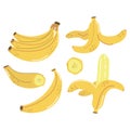 Set of hand drawn yellow bananas, slice, peeled banana. Royalty Free Stock Photo