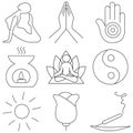 Set of hand drawn yoga and wellness line icons. Royalty Free Stock Photo