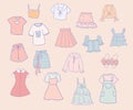 Set of hand-drawn young girl clothes in peach pink and baby blue colors