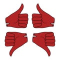 Set Hand fist in red glove with raised and lowered thumb silhouette illustration