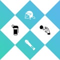 Set Hand grenade, Baseball bat with nails, Police helmet and Hooligan shooting stones icon. Vector