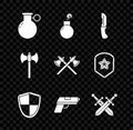 Set Hand grenade, Bomb ready to explode, Military knife, Shield, Pistol or gun, Crossed medieval sword, Medieval axe and