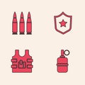 Set Hand grenade, Bullet, Military reward medal and Bulletproof vest icon. Vector Royalty Free Stock Photo