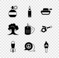 Set Hand grenade, Bullet, Military tank, Rocket launcher, Peace, Torch flame, Nuclear explosion and dog tag icon. Vector Royalty Free Stock Photo