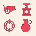 Set Hand grenade, Cannon, Handle detonator for dynamite and Target sport icon. Vector