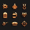 Set Hand grenade, Military beret, Target sport, Gas mask, Howitzer, Chevron, reward medal and Bomb explosion icon