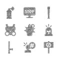 Set Hand grenade, Protest, Flasher siren, Police rubber baton, Gas mask, and Paint spray can icon. Vector Royalty Free Stock Photo