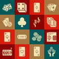 Set Hand holding casino chips, Online exchange on stacks of dollars, Game dice, Playing card with diamonds symbol, clubs Royalty Free Stock Photo