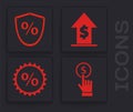 Set Hand holding coin, Loan percent, Financial growth and coin and Discount percent tag icon. Vector Royalty Free Stock Photo