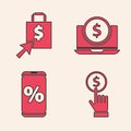 Set Hand holding coin, Shoping bag and dollar, Laptop with dollar and Percent discount and mobile icon. Vector