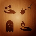 Set Hand holding a fire, Cube levitating above hand, Ghost and Spell on wooden background. Vector
