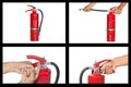 Set of hand holding fire extinguisher. Royalty Free Stock Photo