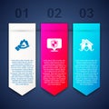 Set Hand holding a fire, Location shield and House flood. Business infographic template. Vector