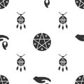 Set Hand holding a fire, Pentagram in a circle and Dream catcher with feathers on seamless pattern. Vector