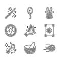 Set Hand holding fire, Witch cauldron, Fireball, Ancient magic book, Old key, Pentagram circle, Magician hat rabbit ears Royalty Free Stock Photo