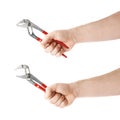 Set of hand holding a plumber wrench tool, composition isolated over the white background Royalty Free Stock Photo