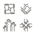 Set of hand icons representing partnership, community, charity, teamwork, business, friendship and celebration. Vector icons Royalty Free Stock Photo