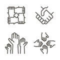 Set of hand icons representing partnership, community, charity, teamwork, business, friendship and celebration. Vector icons